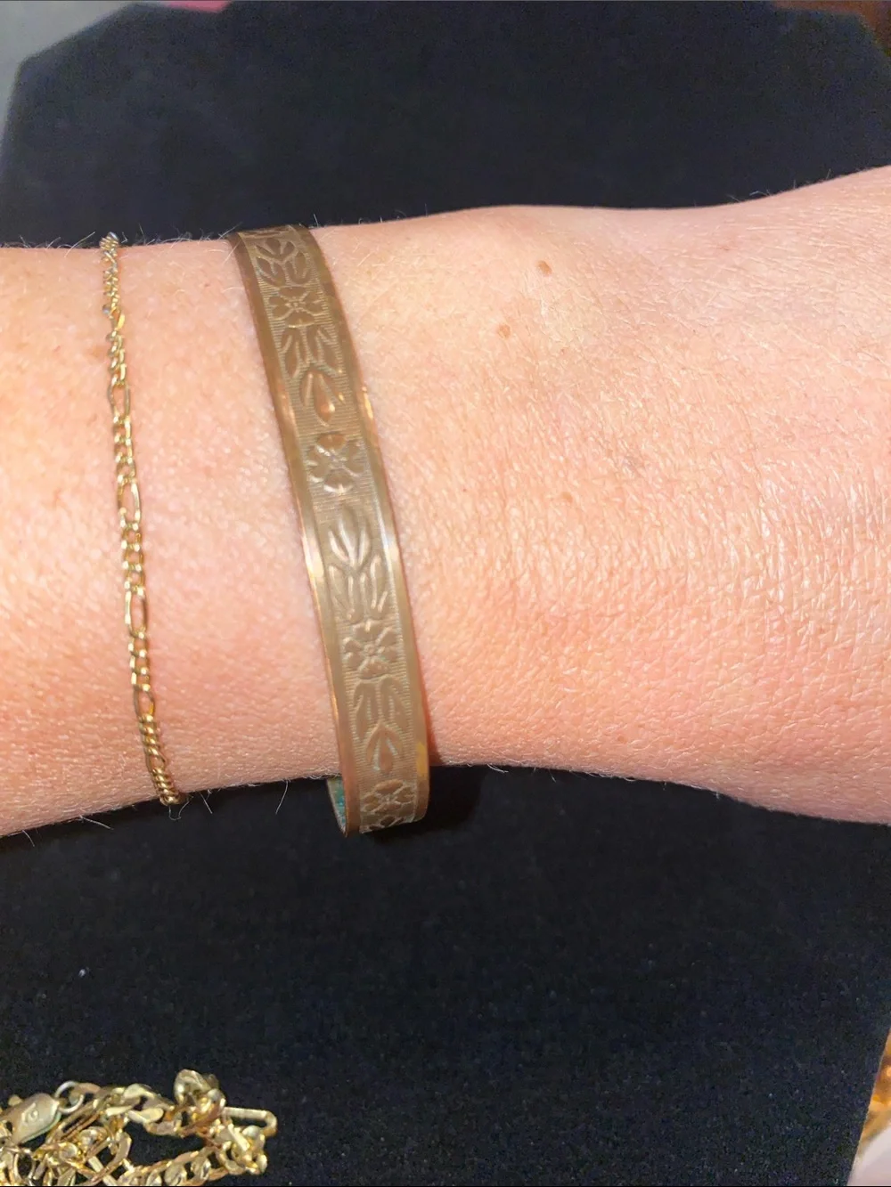 Engraved Copper Cuff Bracelet with Verdigris Interior